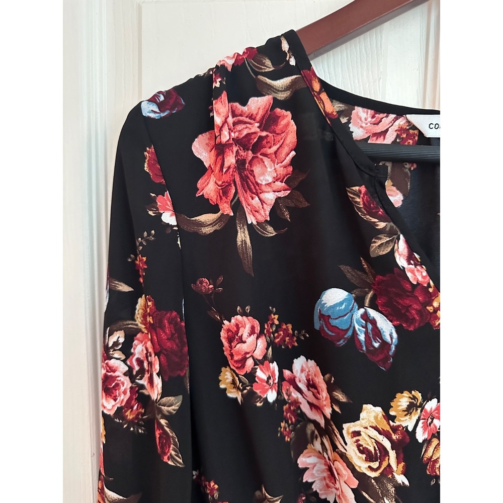 Black Floral Blouse S Romantic Boho Peplum Bell Sleeve Cottagecore Dark Academia - Picture 4 of 7
